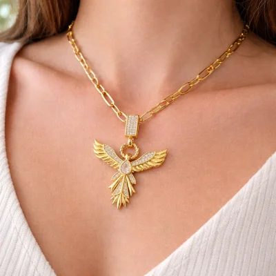 BUĞZ Zirkon Taşlı Anka Kuşu Figürlü Gold Ataç Zincir Çelik Kolye MODEL 13 – Kararmaz, Güçlü ve Şık Tasarım