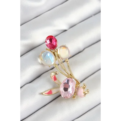 BUĞZ Zirkon Taşlı  Balonlu Pembe Tavşan Figürlü Gold Renk Kadın Broş