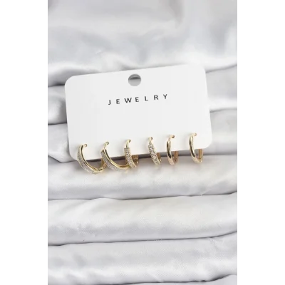 BUĞZ Zirkon Taşlı Gold Renk Pirinç Kadın Küpe Seti