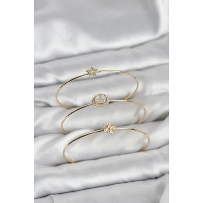 BUĞZ Zirkon Taşlı Gold Renk Tek Taş Model 3lü Kadın Bileklik Kombini