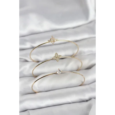 BUĞZ Zirkon Taşlı Gold Renk Yonca Model 3lü Kadın Bileklik Kombini