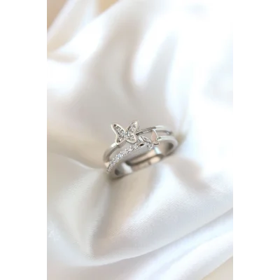 BUĞZ Zirkon Taşlı Gümüş Kaplama Kelebekli Kadın Yüzük