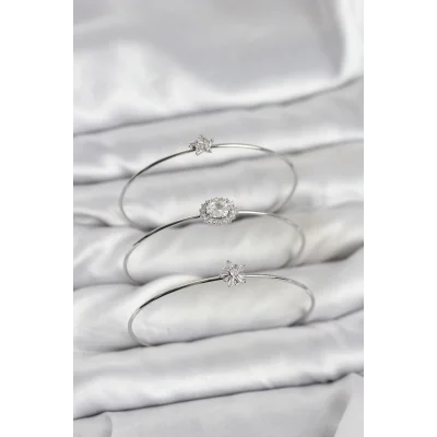 BUĞZ Zirkon Taşlı Gümüş Renk Tek Taş Model 3lü Kadın Bileklik Kombini