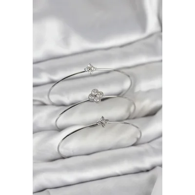 BUĞZ Zirkon Taşlı Gümüş Renk Yonca Tasarım 3lü Kadın Bileklik Kombini