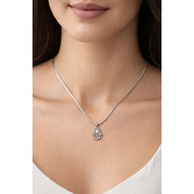 BUĞZ Zirkon Taşlı Hamsa Fatma Eli Çelik Kolye MODEL 1 – Kararmaz, Alerji Yapmaz Zarif Kadın Kolyesi