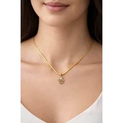 BUĞZ Zirkon Taşlı Hamsa Fatma Eli Gold Çelik Kolye MODEL 2 – Kararmaz, Alerji Yapmaz Zarif Kadın Kolyesi