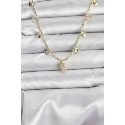 BUĞZ Zirkon Taşlı Kutup Yıldızı Model Pirinç Gold Renk Kadın Kolye
