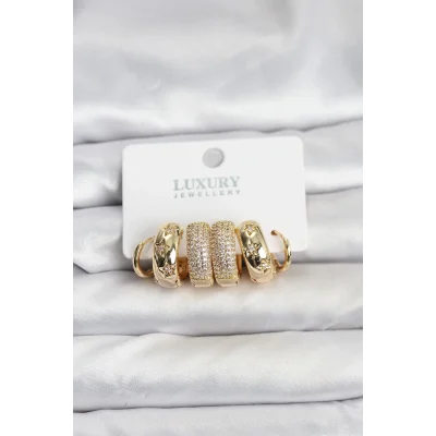 BUĞZ Zirkon Taşlı Pirinç Gold Renk Halka Kadın Küpe Seti
