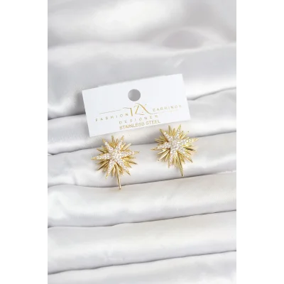 BUĞZ Zirkon Taşlı Pirinç Gold Renk Kutup Yıldızı Kadın Küpe