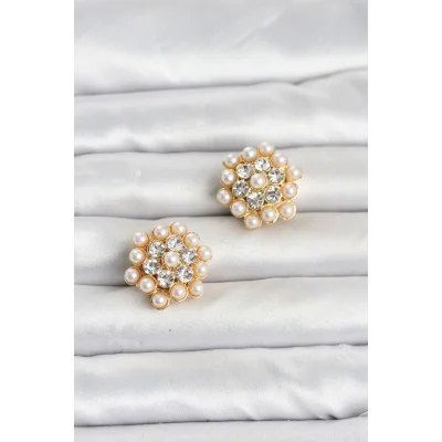 BUĞZ Zirkon Taşlı ve İncili Model Düğme veya Manşet Broşu - BUĞZ