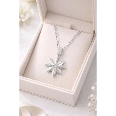 BUĞZ Zirkon Taşlı Yıldız Figürlü Gümüş Renk Ataç Zincir Çelik Kolye MODEL 15 – Kararmaz, Modern ve Şık Tasarım