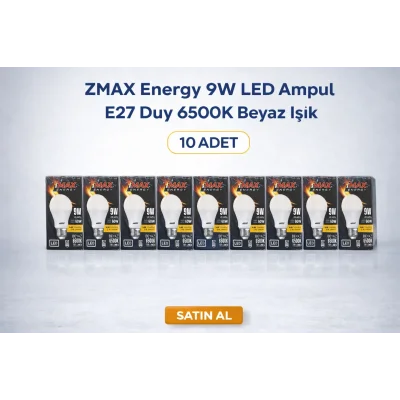 BUĞZ ZMAX Energy 9W LED Ampul E27 Duy 6500K Beyaz Işık 720 Lümen 60W Eşdeğer Enerji Tasarruflu 10 Adet