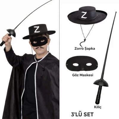 BUĞZ Zorro Kostüm Seti 3’lü Çocuk – Şapka, Maske ve Kılıç