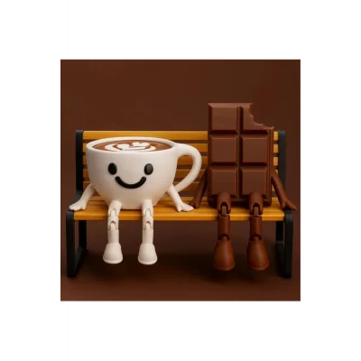 Çok Sevimli Bank Üzerinde Çikolata Ve Espresso Biblo Seti / 3lü Dekoratif Figür Hediyelik Çeyizlik