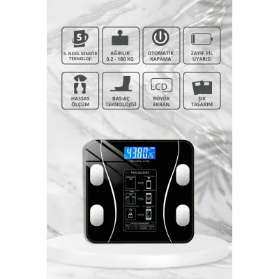 Dijital Baskül Yağ Ölçer Fonksiyonlu Akıllı Baskül Bluetooth Tartı- Siyah