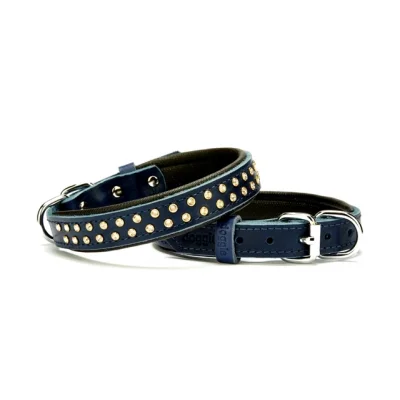 Doggie Konforlu Deri Swarovski Kristal Taşlı Köpek Boyun Tasması 2 x 28-34 cm Mavi