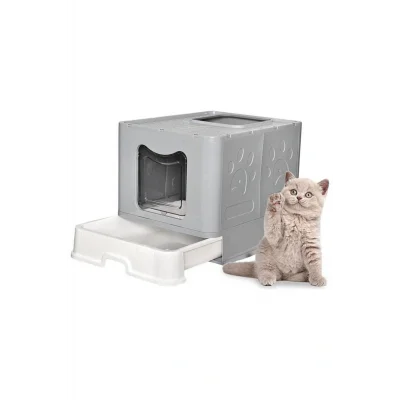 Genel Ürün CexCat Lüx Katlanabilir Çekmeceli Dışarı Kum Çıkmayan Kapalı Kedi Tuvaleti Gri 50-40-38cm