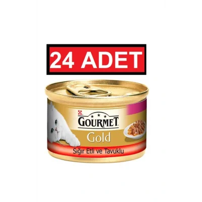 Genel Ürün Gold Parça Etli Soslu Sığır Etli Tavuklu 85 Gr Yetişkin Kedi Konserve Maması 24 Adet