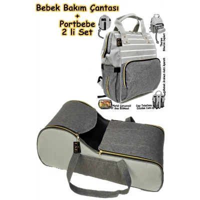 Genel Ürün Portbebe Ana Kucağı Puset Bebek Taşıma Anne Bebek Bakım Çantası 2 Li Set
