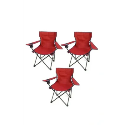 Genel Ürün Katlanabilir Katlanır Kırmızı Çantalı Kamp Sandalyesi 3 Adet Metal Tek Kişilik Kırmızı 3lü