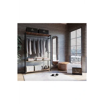 Dolap Düzenleyici Alkor Masif Ceviz Desenli Metal Ayaklı Açık Giyinme Dolap Portmanto Elbise Askılık