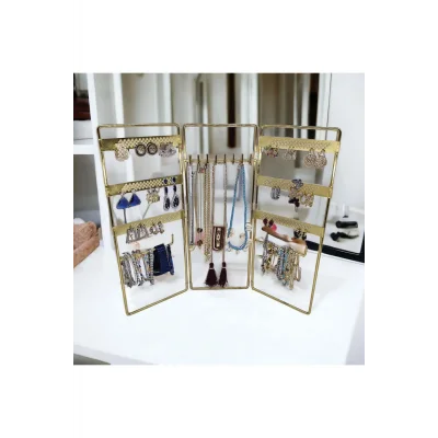 Genel Ürün Dekoratif Takı Standı Takı Düzenleyici Organizeri Kutusu 3 Parça Kolye Yüzük Küpelik Model-2 Gold