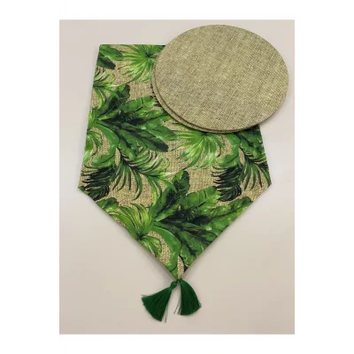 Genel Ürün Yeşil Yaprak Desenli Runner Ve 2li Supla Seti