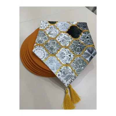 Genel Ürün Gri Macaron Desenli Runner Ve 6lı Supla Seti