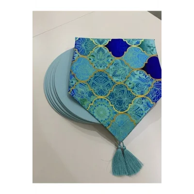 Genel Ürün Mavi Macaron Desen Dijital Baskı Runner Supla Set