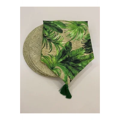 Genel Ürün Yeşil Yaprak Desenli Runner Ve 6lı Supla Seti