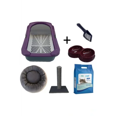 Genel Ürün Kedi Elekli Tuvalet Kabı Mor (5 Lt Kum + Kürek + 50 Cm Tırmalama + Yatak Ve Çiftli Mama Kabı Seti)