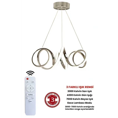 Genel Ürün 3 Renk Kumandalı Krom Dimmerli Led Avize Kıvrım Ledli Avize