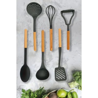 Genel Ürün 6lı Ahşap Saplı Plastik Kepçe Kevgir Kaşık Spatula Ezici Ve Çırpıcı Siyah Servis Seti Dp-ahş01