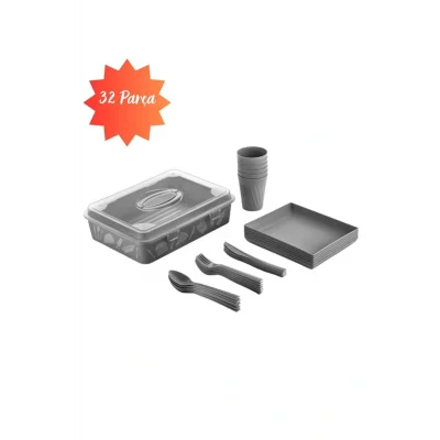 Genel Ürün 32 Parça 6 Kişilik Çantalı Piknik Seti Antrasit Gri