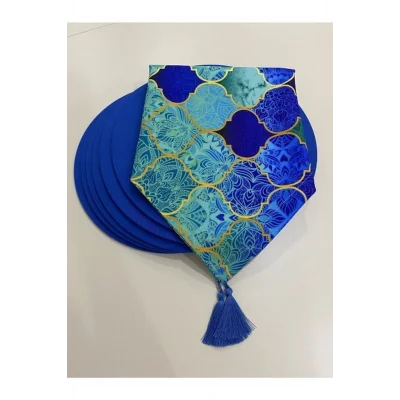 Genel Ürün Mavi Macaron Desen Dijital Baskı Runner Supla Set