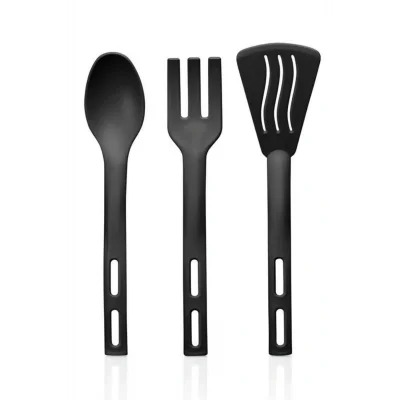 Genel Ürün 3lü Mini Plastik Spatula Kaşık Çatal Servis Seti Takımı Siyah