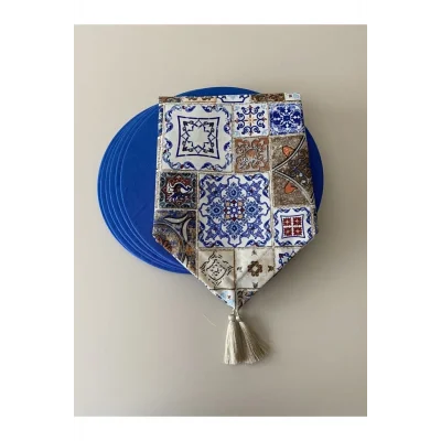 Genel Ürün Mavi Çini Desenli Runner ve Supla Seti, şık ve şık mutfak aksesuarları