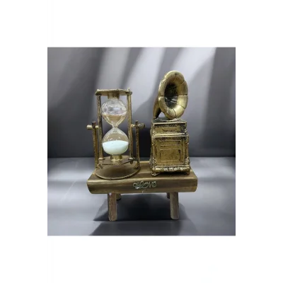 Kol Saati Ahşap Standlı Antika Görünümlü Gramafon ve Kum Saati Biblo