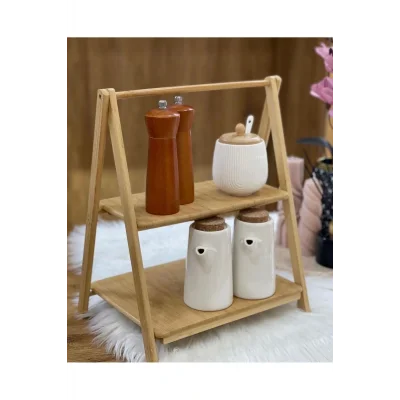 Genel Ürün Bambu iki katlı sunumluk baharatlık dekoratif raf