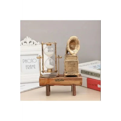 Kol Saati Ahşap Antika Tasarımlı Dekoratif  Gold Renk Gramofon Ve Kum Saati Dekorasyon Ev Ofis Hediyelik Eşya