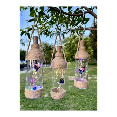 Genel Ürün 1 Adet Ledli Şişe, Led Işıklı Dekoratif Şişe, Boncuklu Cam Şişe, Bahçe Balkon Süslemesi, El Yapımı