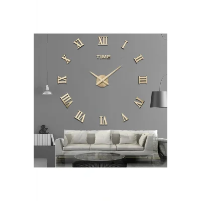 Kol Saati Dekoratif 3d Duvar Saati Pleksi Ayna Roma Rakamlı Büyük Boy Roma Gold