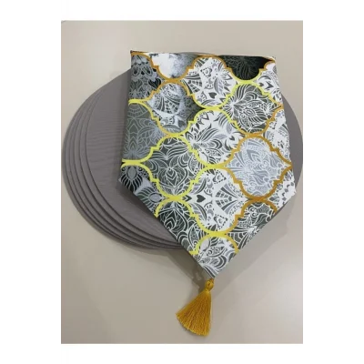 Genel Ürün Gri Macaron Desenli Runner Ve 6lı Supla Seti