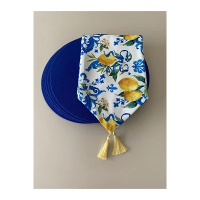 Genel Ürün Amerikan&servis Limon Desenli Runner Ve 6lı Mavi Supla Seti Tasarim