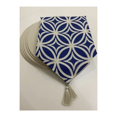 Genel Ürün Amerıkan Servis Runner Halka Desenli Lacivert Runner Ve 6lı Supla Seti