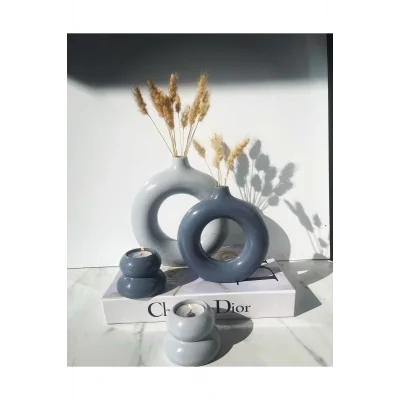 Genel Ürün Ela- 2’li Halka Vazo, Mumluklu Set Koyu Gri Açık Gri