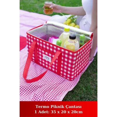 Termos Kırmızı Yalıtımlı Termal Piknik Çantası Kırmızı Pötikare Kulplu Soğuk Taşıma Çantası 35x20x20cm