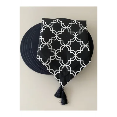 Genel Ürün Siyah Klasik Desenli Runner Ve 6lı Supla Seti Tasarim Takim Amerikan&servis