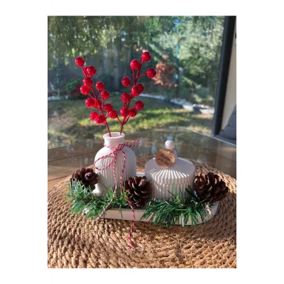 Genel Ürün Kış Temalı Dekoratif El Yapımı Hediye Seti 3 Parça,mumluk,vazo Ve Tepsi ,kozalak Ve Çam, Ev Hediyesi