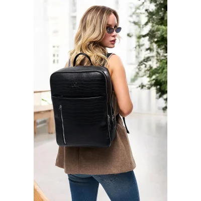 Genel Ürün Organizer Premium Deri 16 inç Kroko Siyah Sırt Laptop Çantası